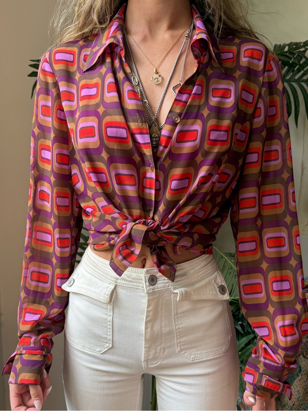 Retro Geometric Button-Up Blouse